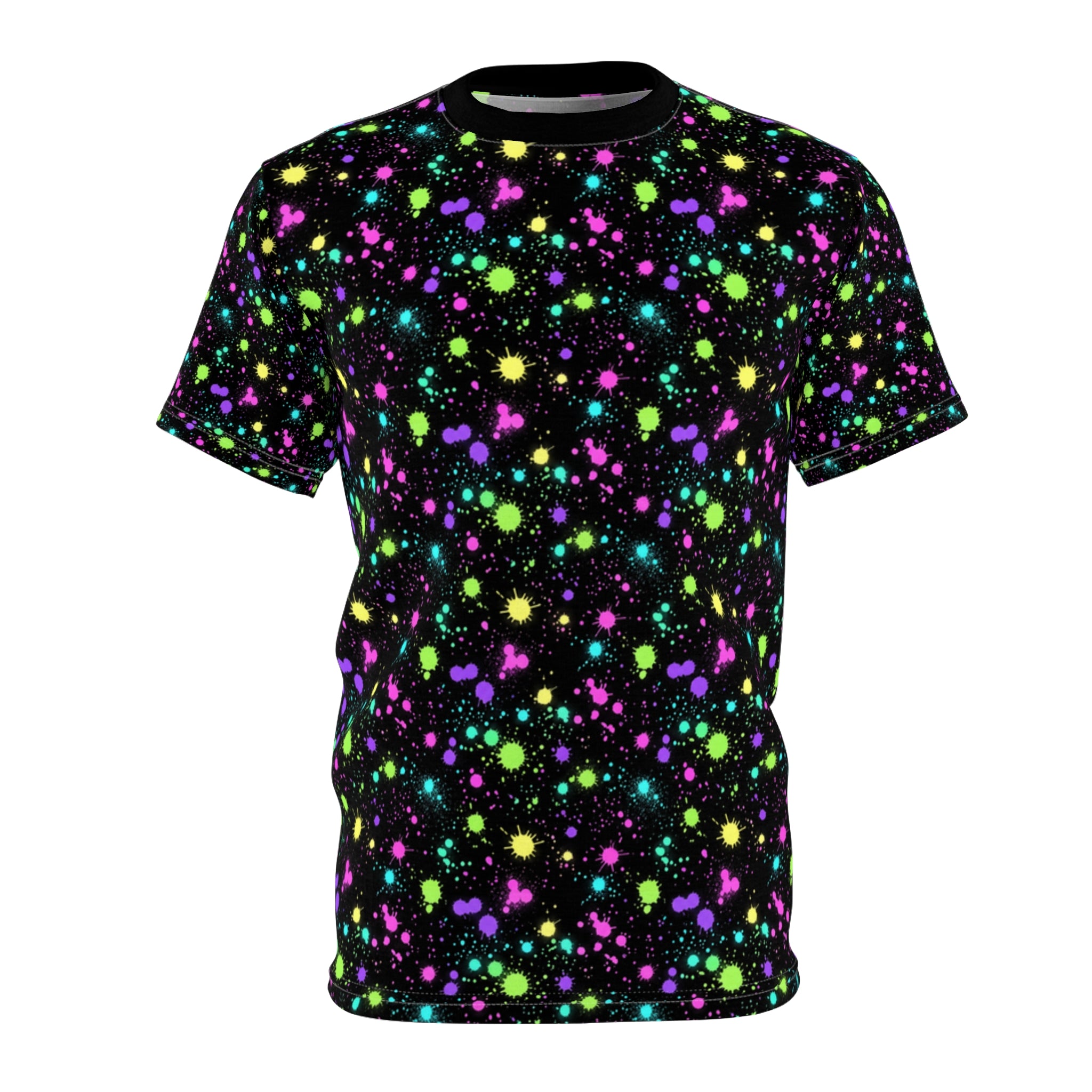 Neon Paint Splatters Tee | Black Galaxy All-Over Print