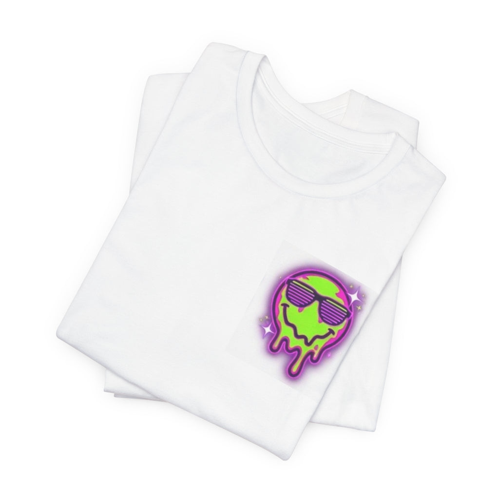 Drip Neon Smiley T‑Shirt — Green Melting Skull with Sunglasses Graphic