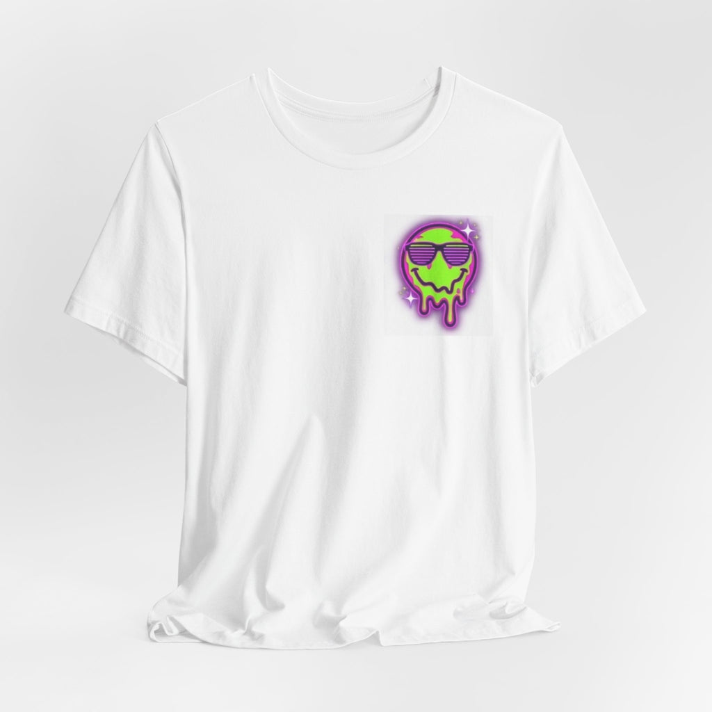 Drip Neon Smiley T‑Shirt — Green Melting Skull with Sunglasses Graphic