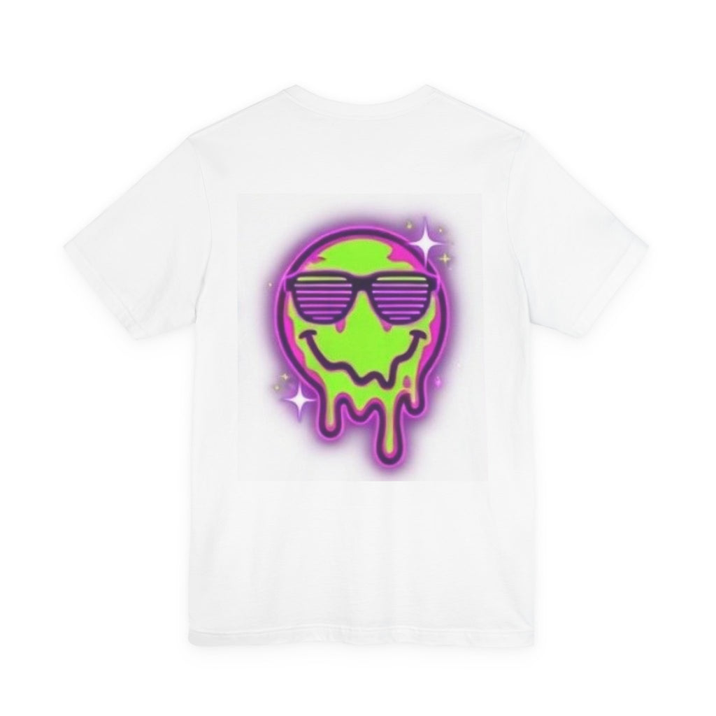 Drip Neon Smiley T‑Shirt — Green Melting Skull with Sunglasses Graphic